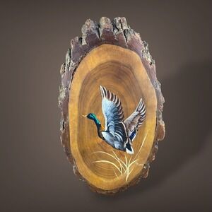 Mallard Duck Wood Slice Painting C Burns 1982 Original Wildlife Art on Live Edge